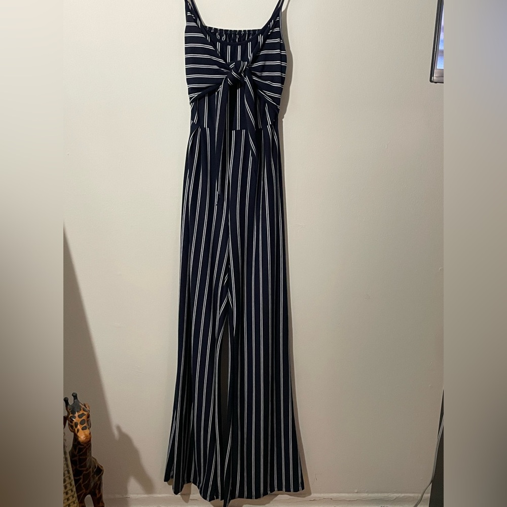 Navy blue and white striped tank jumpsuit. Size medium